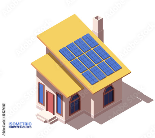 Private house isometric icon. Modern family home with solar panels on roof. Eco friendly residential property or luxury cottage. Cartoon 3D vector illustration isolated on white background