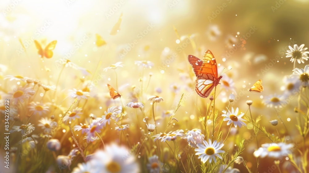 Sunlit field of daisies with fluttering butterflies. Chamomile flowers on a summer meadow in nature, panoramic landscape Sunlit field of daisies with fluttering butterflies. Chamomile flowers on a summer meadow in nature, panoramic landscape