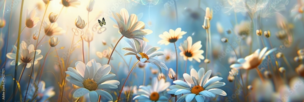 Sunlit field of daisies with fluttering butterflies. Chamomile flowers on a summer meadow in nature, panoramic landscape Sunlit field of daisies with fluttering butterflies. Chamomile flowers on a summer meadow in nature, panoramic landscape