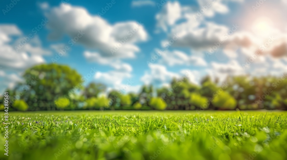 Beautiful blurred background image of spring nature with a neatly trimmed lawn surrounded by trees against a blue sky with clouds on a bright sunny day. Beautiful blurred background image of spring nature with a neatly trimmed lawn surrounded by trees against a blue sky with clouds on a bright sunny day.