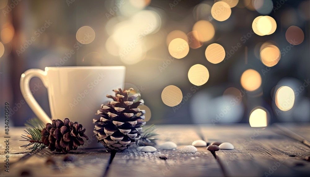 A white coffee cup with pine cones on top of it A white coffee cup with pine cones on top of it