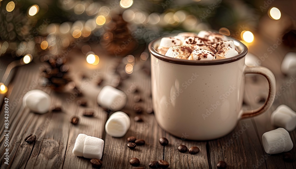 A white mug with marshmallows and coffee on a wooden table A white mug with marshmallows and coffee on a wooden table