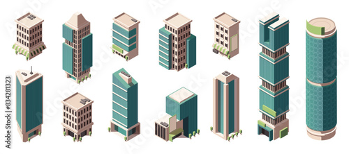 City buildings isometric icons set. Urban futuristic skyscrapers, business centers and offices, shopping malls and residential properties. Cartoon 3D vector collection isolated on white background
