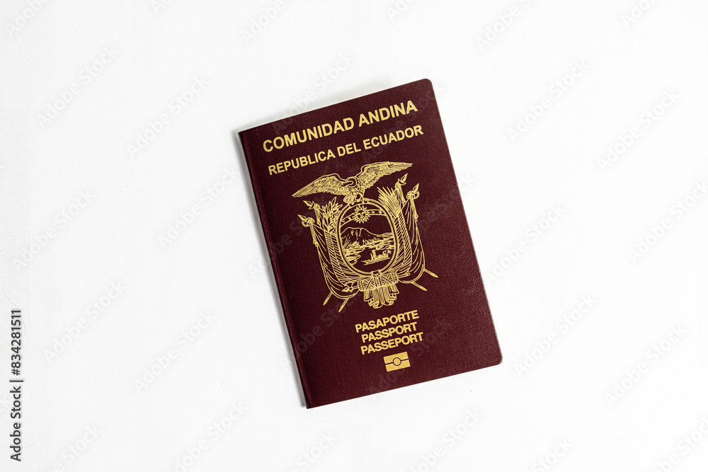 Close-up photo of the cover of a brown ecuadorian passport from the country of Ecuador in South America-Latin America, with gold lettering, on a white background Close-up photo of the cover of a brown ecuadorian passport from the country of Ecuador in South America-Latin America, with gold lettering, on a white background