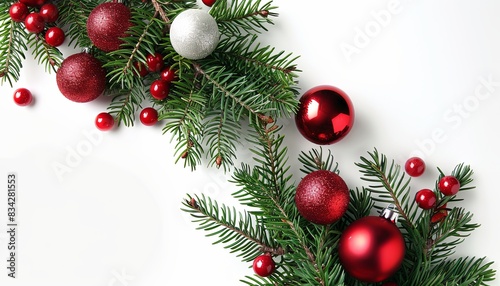 A white background with red and white Christmas decorations