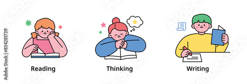 Cute student characters learning various things at school. Reading, Thinking, Writing. outline simple vector illustration.
