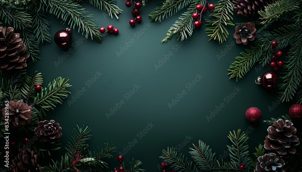 A green background with red berries and pine cones