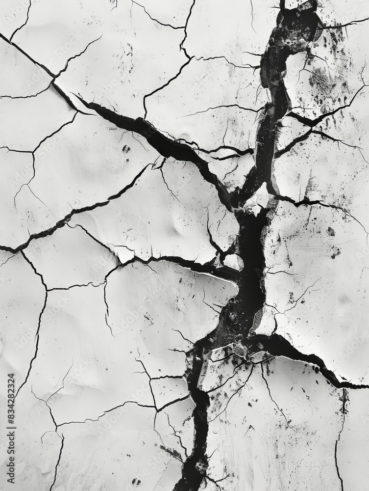 Obraz premium Large dark cracks running through a white surface.