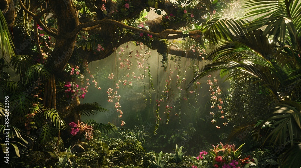 A Flourishing Jungle Scene with a Large, Old Tree Encircled by Vines and Bright Tropical Flowers A Flourishing Jungle Scene with a Large, Old Tree Encircled by Vines and Bright Tropical Flowers