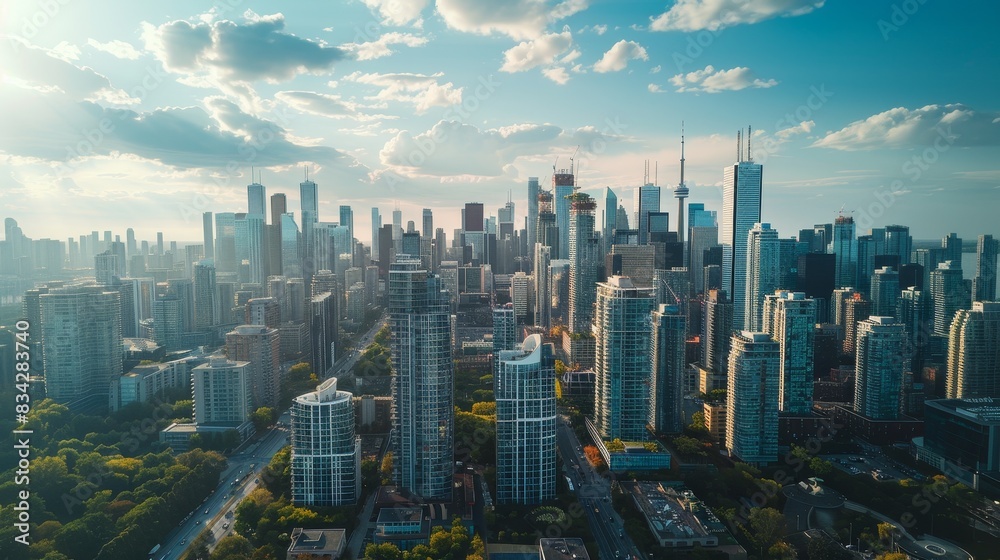 A cityscape with tall buildings and a clear blue sky. The city is bustling with activity and the sky is filled with clouds
