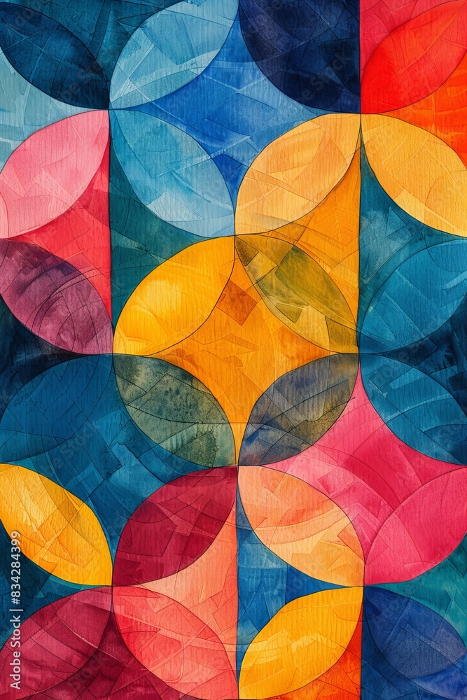 A colorful abstract painting with a variety of shapes and colors. The painting is a mix of blue, red, yellow, and green, and it is a representation of a flower or a garden A colorful abstract painting with a variety of shapes and colors. The painting is a mix of blue, red, yellow, and green, and it is a representation of a flower or a garden
