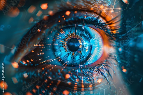 Close-up of a human eye with vibrant digital effects, symbolizing technology, future vision, and innovation in a highly detailed visual representation.