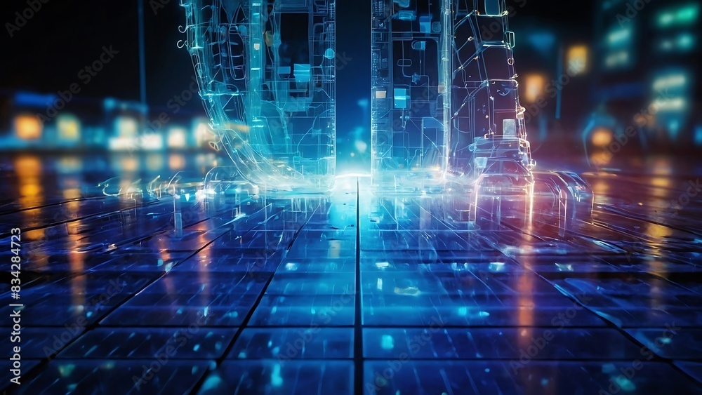Abstract technology background with a cyber network grid and connected particles. Artificial neurons, global data connections Abstract technology background with a cyber network grid and connected particles. Artificial neurons, global data connections