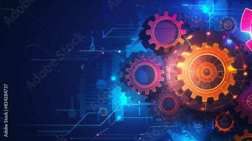 Abstract techno gear background with geometric colorful gear wheels. Space for gear text. Vector gears modern mechanism industrial . Technology gears