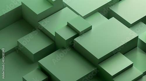 Abstract 3D render of geometric shapes in green tones  creating a modern and futuristic composition ideal for background or design purposes.