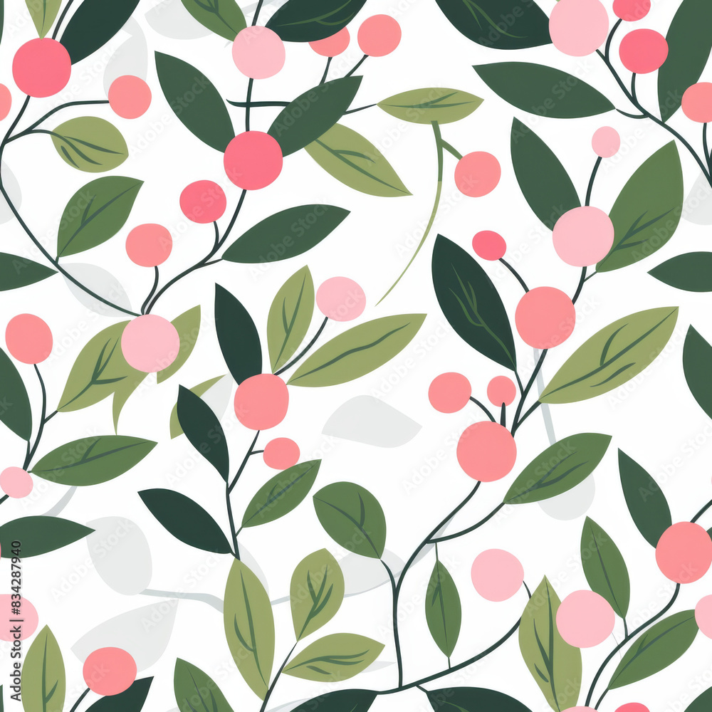 seamless digital pattern with pink berries and green leaves on a white background. seamless digital pattern with pink berries and green leaves on a white background.