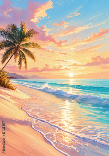 A serene beach scene at sunset, with the warm glow of the setting sun casting long shadows and highlighting the colors of the sky and ocean.