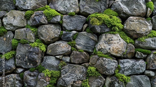 Rustic stone wall with moss accents, natural texture, soft daylight, horizontal composition,
