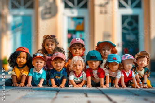 Group of children sitting on the floor in front of the school.
