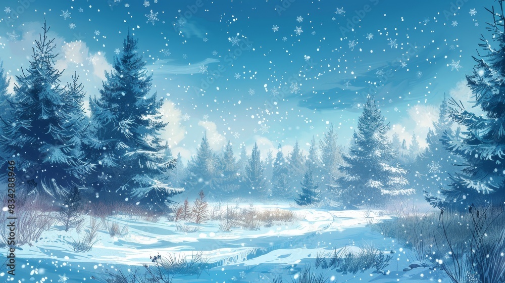 Fototapeta premium Snowy winter landscape with pine trees, blue tones, serene atmosphere