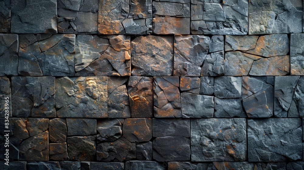 Basalt block wall with rough texture, bright light, dark hues, vertical format, Basalt block wall with rough texture, bright light, dark hues, vertical format,