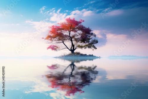 Harmony of Blue Japanese Zen with Tree and Reflecting Sky © ART IMAGE DOWNLOADS