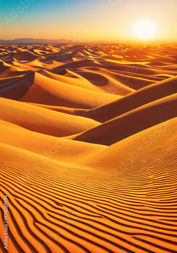 A breathtaking view of the desert  with its vast sand dunes stretching into the horizon under a clear blue sky.
