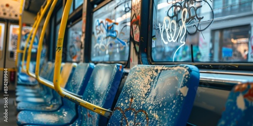 A close-up of graffiti and vandalism on public transit, including scratched windows and torn seats