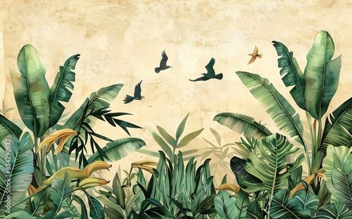 Tropical jungle wallpaper bird  Tropical leaves  tropical flowers wallpaper for digital printing. Exotic jungle wallpaper. AI generated illustration