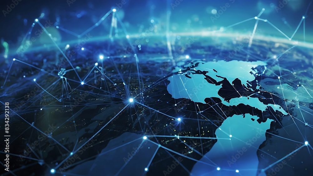 Abstract technology background with a cyber network grid and connected particles. Artificial neurons, global data connections Abstract technology background with a cyber network grid and connected particles. Artificial neurons, global data connections