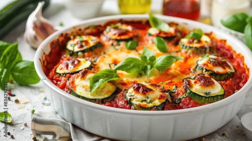 Healthy zucchini lasagna rolls stuffed with creamy ricotta and fresh basil baked in tangy tomato sauce presented on a circular white baking dish