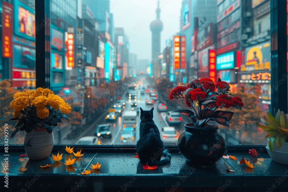 Naklejka premium A black cat watches a rainy city street from a window with flower pots. Busy street with cars, people, lights reflected on wet pavement. Raindrops create a serene urban scene