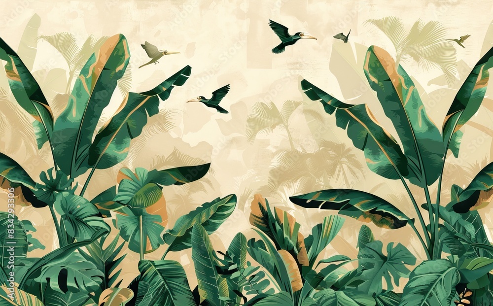 custom made wallpaper toronto digitalTropical jungle wallpaper bird, Tropical leaves, tropical flowers wallpaper for digital printing. Exotic jungle wallpaper. AI generated illustration