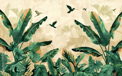 Wallpaper Mural Tropical jungle wallpaper bird, Tropical leaves, tropical flowers wallpaper for digital printing. Exotic jungle wallpaper. AI generated illustration Torontodigital.ca