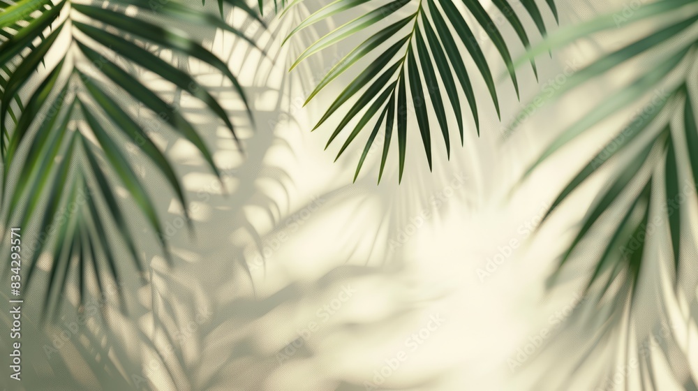 Obraz premium Blurred shadow from palm leaves on light cream wall. Minimalistic beautiful summer spring background for product presentation. 