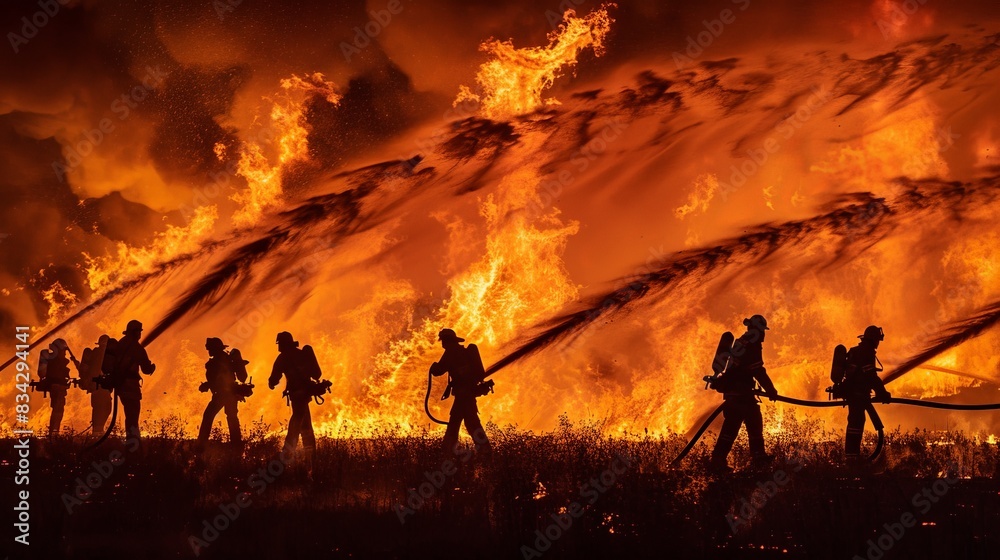 Fototapeta premium Firefighters Battling Massive Blaze at Dusk