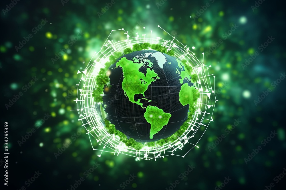 Obraz premium The concept of integrating AI technology for sustainability and greener Earth. Ecological, environment, conservation, futuristic, eco-conscious, global, advancement, green initiatives, smart solutions