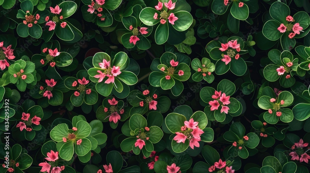 A top down view of vibrant pink euphorbia flowers in bloom against a backdrop of green leaves A top down view of vibrant pink euphorbia flowers in bloom against a backdrop of green leaves