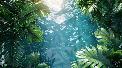 3d render azzure sea surface wirh sun reflections in the middle  surrounded by lush green tropical leaves and palms . top view  flat lay. space for text or product mockup. nature concept