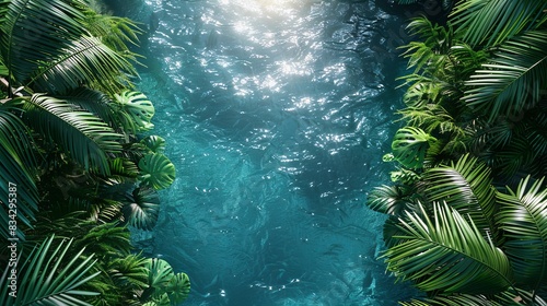 3d render azzure sea surface wirh sun reflections in the middle  surrounded by lush green tropical leaves and palms . top view  flat lay. space for text or product mockup. nature concept
