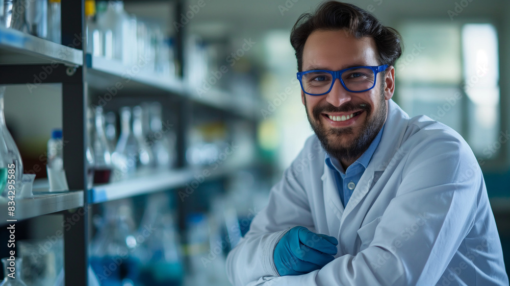 male scientist working in laboratory looking at camera male scientist working in laboratory looking at camera