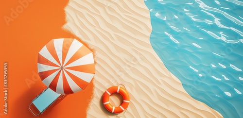 3d rendering of beach umbrella, swimming ring and sunbed on sand background with copy space. Summer vacation concept banner, top view. Flat lay style. Minimal summer concept