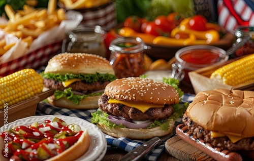 4th of July USA festive table with burgers  hot dogs and corn on the cob. American national holiday concept.