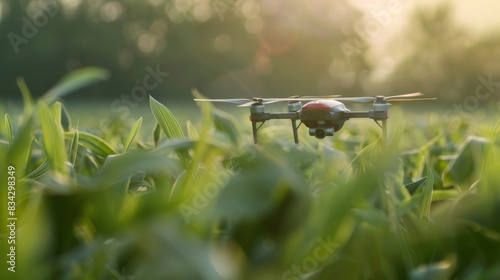 A precision planting drone zooming over a field able to cover a large area in a short amount of time.