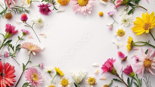 Flowers frame with copy space on white background. Summer or spring floral theme greeting card. Postcard mockup with space for text 