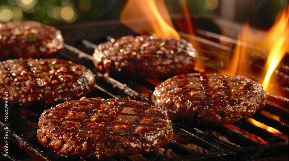Juicy seasoned beef steak burgers on hot barbecue grill over flames Juicy seasoned beef steak burgers on hot barbecue grill over flames