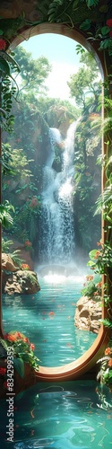 An unusual landscape with a waterfall and beautiful tropical foliage. 