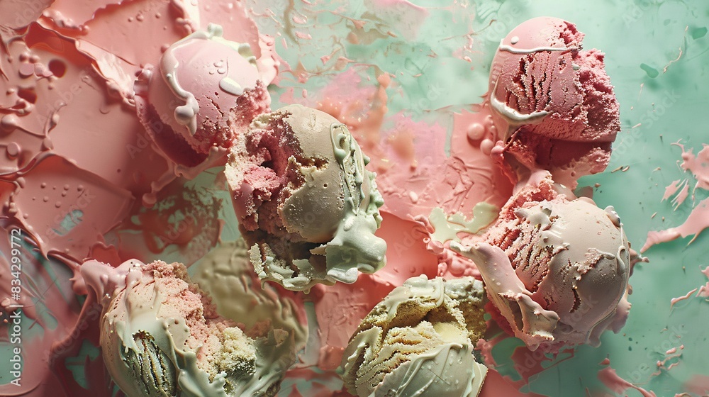 Obraz premium A nostalgic advertisement for Gelato Delight featuring distressed textures and eroded surfaces. The ad includes founders' profiles and key moments in dynamic layouts with pastel pink and green hues,