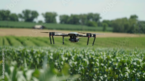 A sensorequipped drone hovers over a large crop field gathering data from precision soil moisture sensors to create maps for efficient irrigation management. photo