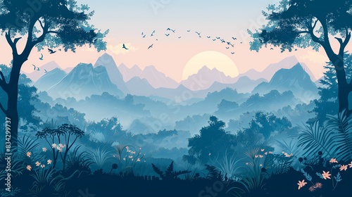 A serene sunrise over a misty forest with birds flying, surrounded by lush vegetation and distant mountains. © areef